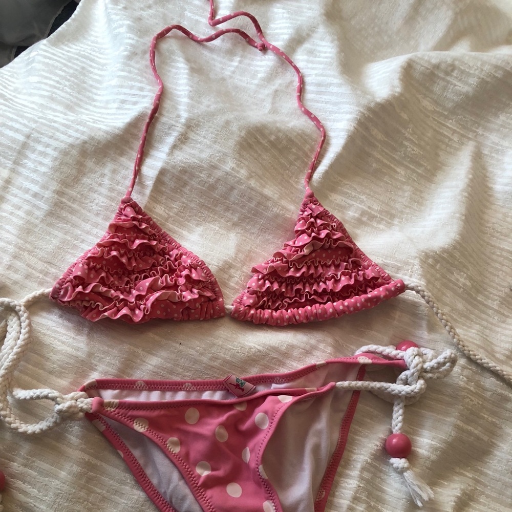 Pink and white polka dot ruffle bikini - Picture 8 of 9